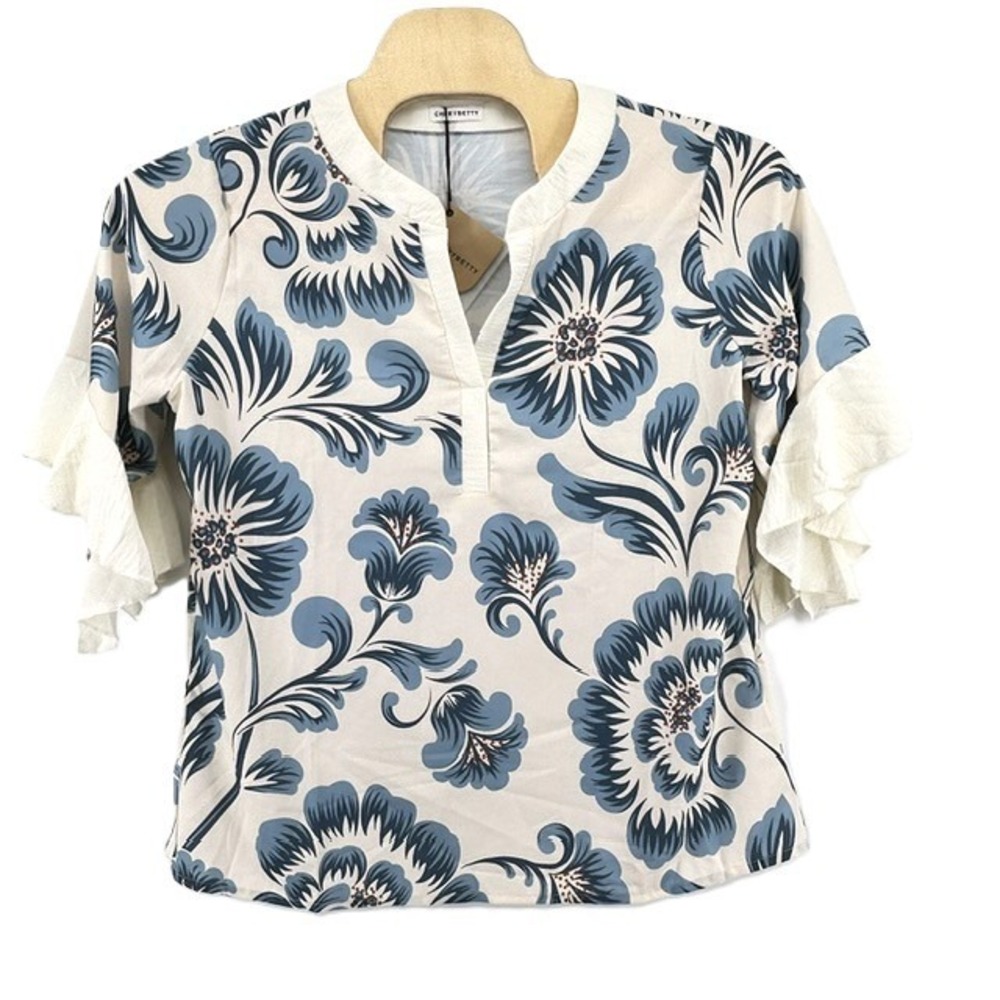CHERRYBETTY Floral Ruffle Sleeve Blouse Blue Cream Cotton Blend XL Cottagecore